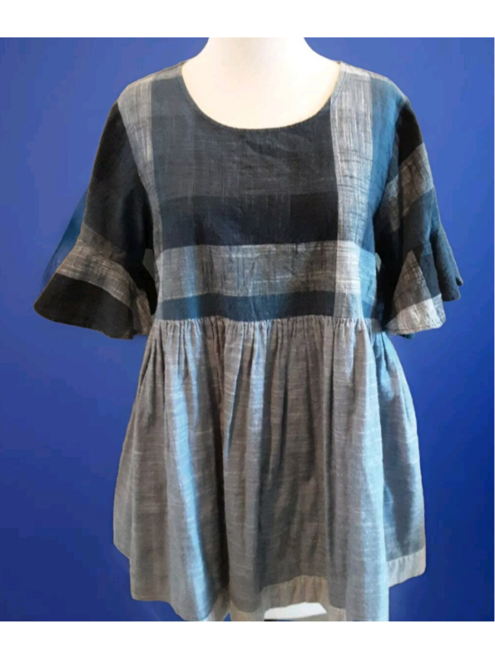 LAYERZ-Blue Plaid Chambray & Solid Cotton Babydoll Top-Texas Boutique Sz S
